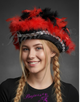 Schwarzer Dreispitz mit roten Federn – Größe 57